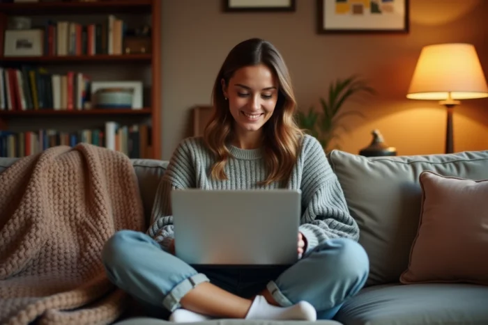 Jeune femme suivant les dernières tendances et actualités sur son ordinateur portable dans un appartement chaleureux