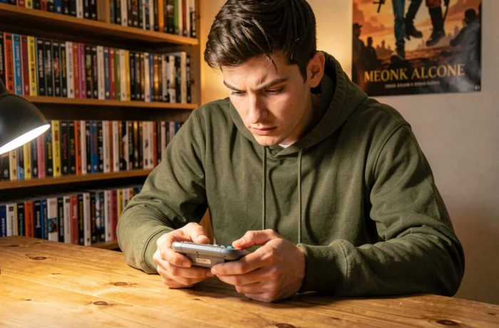 Jeune homme concentré jouant à un jeu Pokémon sur une Game Boy Advance dans une chambre cosy avec des étagères de jeux vidéo