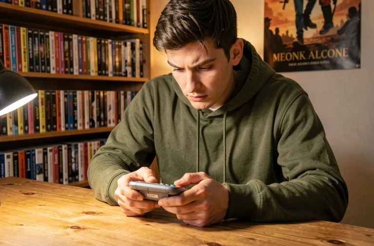 Jeune homme concentré jouant à un jeu Pokémon sur une Game Boy Advance dans une chambre cosy avec des étagères de jeux vidéo