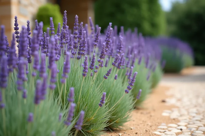 Rangée de lavande vraie (Lavandula angustifolia) en pleine floraison violette le long d'un chemin de jardin provençal avec un sol caillouteux