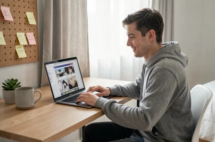 Jeune homme lisant un manhwa BL sur ordinateur portable à un bureau moderne dans une chambre minimaliste