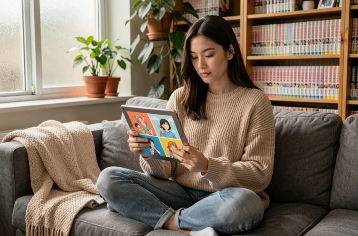 Jeune femme lisant un manhwa BL sur tablette dans un salon cosy avec des étagères de mangas en arrière-plan