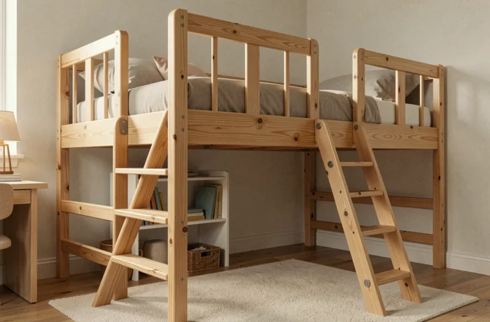 Lit surélevé en bois massif avec barrières de sécurité complètes et échelle fixe pour chambre de garçon, conforme aux normes de sécurité EN 747