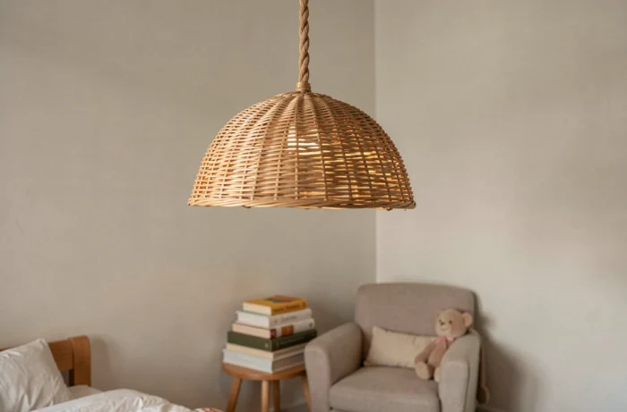 Luminaire suspendu en rotin tressé au-dessus d'un coin lecture dans une chambre de garçon, avec tresse naturelle visible et cord en tissu