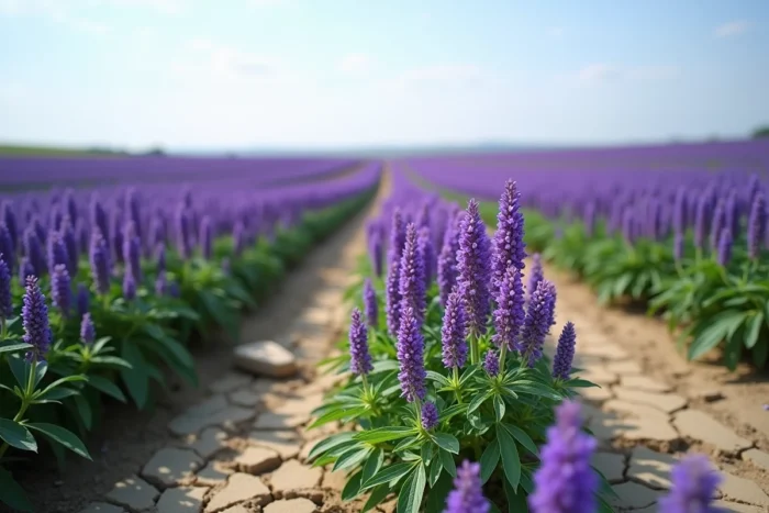 Champ de luzerne cultivée (Medicago sativa) en pleine floraison violette avec des tiges denses et un sol argileux visible
