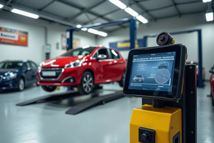 Machine de géométrie numérique affichant les angles de parallélisme d'une Peugeot 208 sur plateau d'alignement