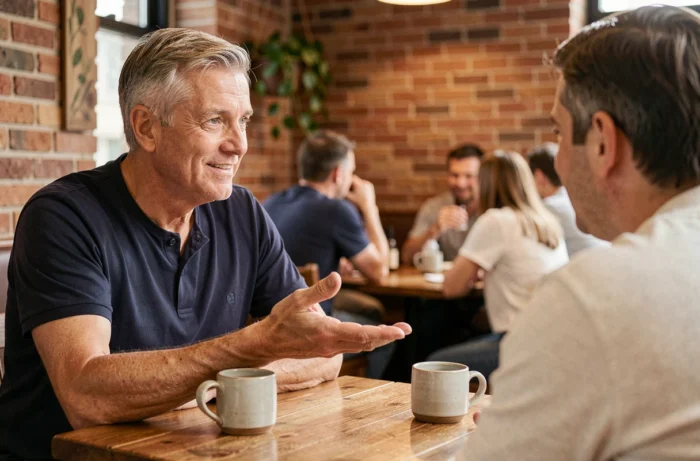 Homme tendant la main dans un geste de partage d'énergie positive lors d'une conversation au café