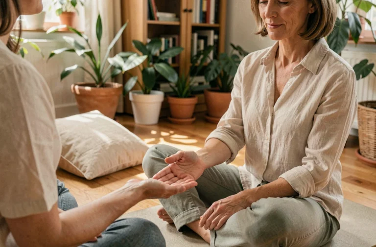 Femme pratiquant le soin énergétique par imposition des mains sur un tapis de yoga dans un salon chaleureux