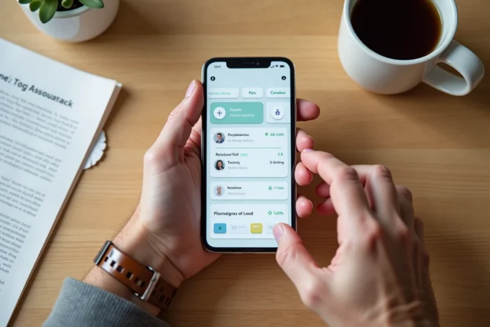 Gros plan de mains d'un aidant et d'un proche senior naviguant ensemble sur l'application de gestion de mesures de protection
