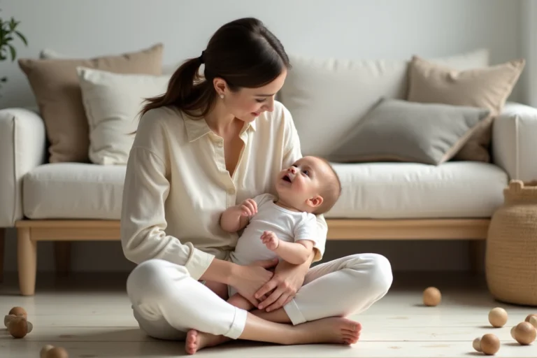 Mère tenant son bébé de quatre mois dans les bras sur un parquet en bois clair, entourée de jouets sensoriels en bois, favorisant l'éveil du nourrisson