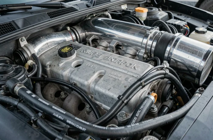 Moteur turbo reprogrammé avec équipements performance visibles dans le compartiment moteur d'un véhicule modifié
