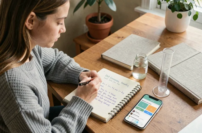 Jeune femme prenant des notes de conversion centilitres millilitres avec une application mobile et un cylindre gradué sur un bureau en bois