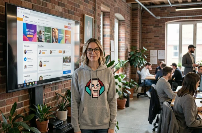 Jeune femme geek explorant les nouveautés de Geekosphère devant un grand écran dans un espace de travail collaboratif moderne