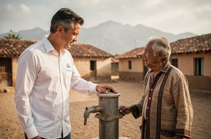 Représentant d'une ONG discutant avec un ancien villageois près d'une pompe à eau communautaire en milieu rural en Amérique du Sud, témoignant de l'impact concret des projets de développement humain