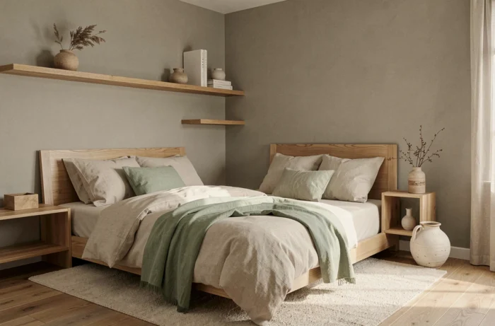 Chambre de garçon avec palette de couleurs neutres japonisantes en grège, chêne naturel et vert sauge, sans bleu classique