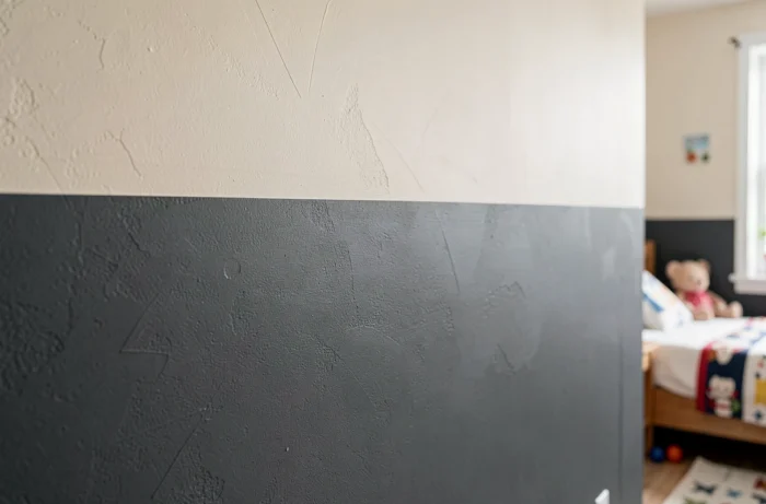 Mur de chambre enfant avec peinture bicolore, partie basse gris anthracite et partie haute blanc cassé séparées par une ligne horizontale basse