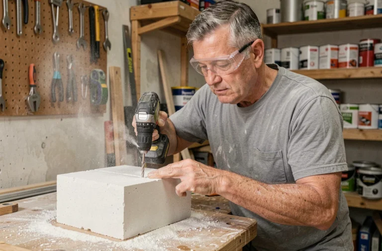 Artisan perçant un bloc de béton cellulaire avec une perceuse sans fil dans un atelier de bricolage