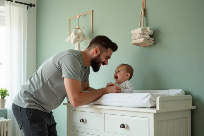 Père jouant au coucou avec son bébé de six mois sur une table à langer blanche dans une chambre de bébé aux murs vert sauge, stimulant l'éveil et le développement