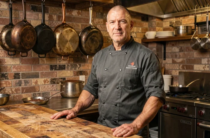Le chef Philippe Etchebest en veste de cuisine dans une brasserie moderne aux murs de brique