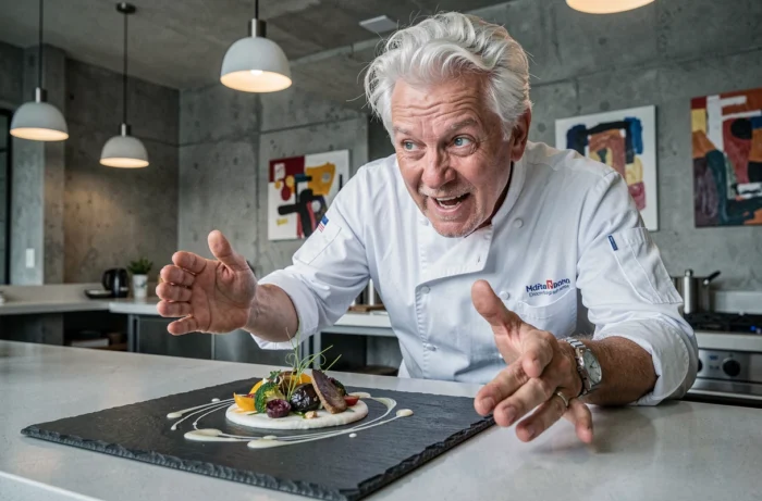 Le chef Pierre Gagnaire en pleine création autour d'un plat avant-gardiste dans sa cuisine contemporaine