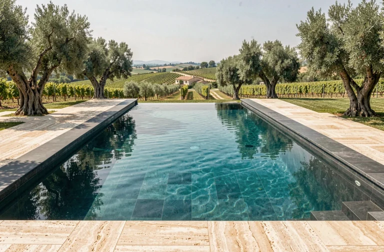 Piscine à débordement haut de gamme avec carrelage anthracite et terrasse en travertin dans une villa du sud de la France