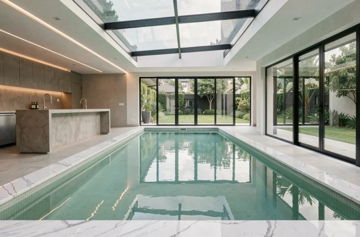 Piscine intérieure haut de gamme avec mosaïque verte, coping en marbre blanc et toit vitré rétractable dans une maison contemporaine de luxe