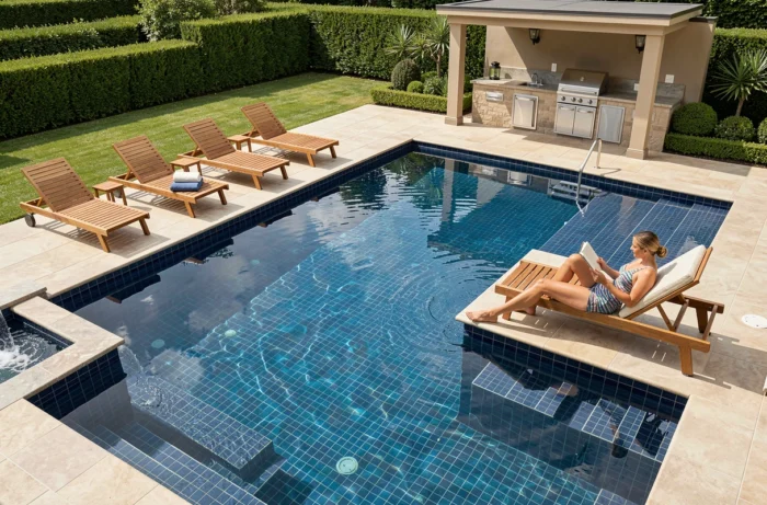 Couple se relaxant au bord d'une piscine de luxe avec jacuzzi intégré et mobilier en teck dans un jardin paysagé