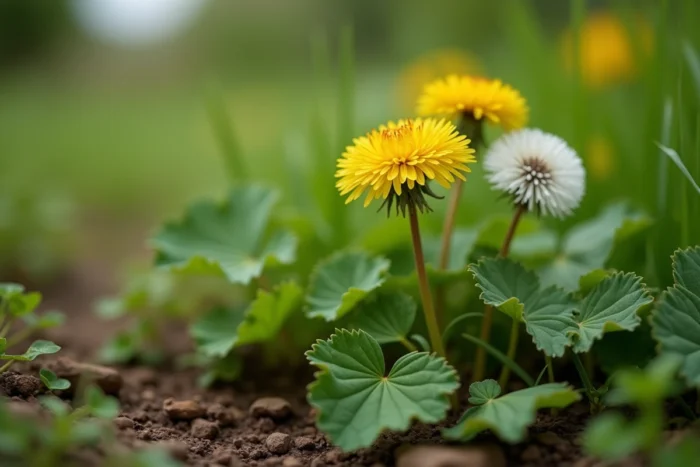 Pissenlit (Taraxacum officinale) avec sa rosette de feuilles dentées, sa fleur jaune et son globe de graines blanches dans une pelouse