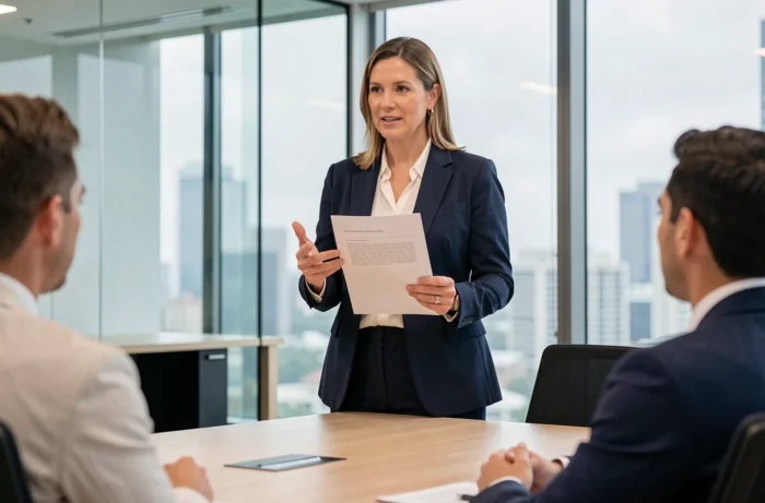 Femme professionnelle présentant un pitch commercial à des collègues dans une salle de réunion moderne