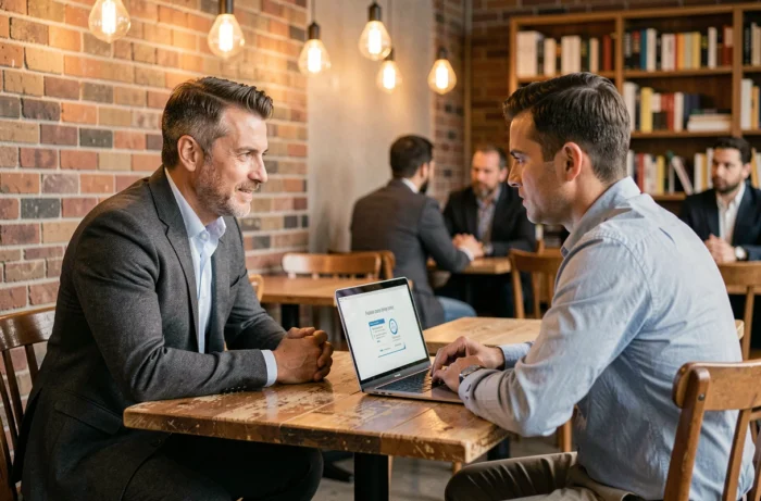 Commercial réalisant un pitch de vente informel face à un prospect dans un café urbain moderne