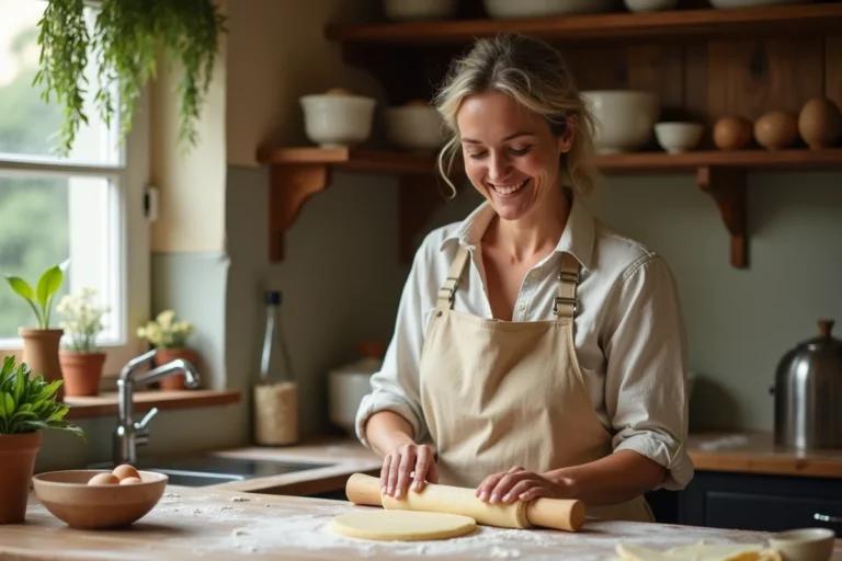 Femme préparant des pâtes fraîches maison dans une cuisine familiale chaleureuse et authentique