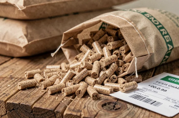 Gros plan sur des granulés de bois et un ticket de caisse, symbolisant l'évolution des prix des pellets Leclerc en 2026