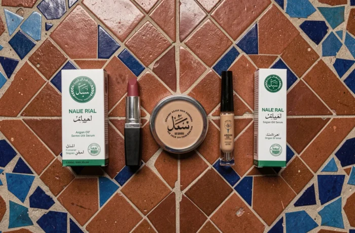 Produits de maquillage halal certifiés disposés sur un carrelage zellige marocain traditionnel en vue de dessus