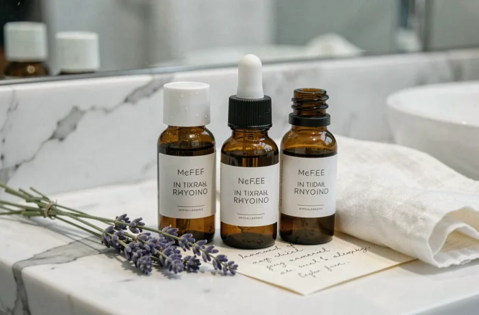 Gros plan sur des produits de soin intime naturels et hypoallergéniques pour femme enceinte sur un plan en marbre