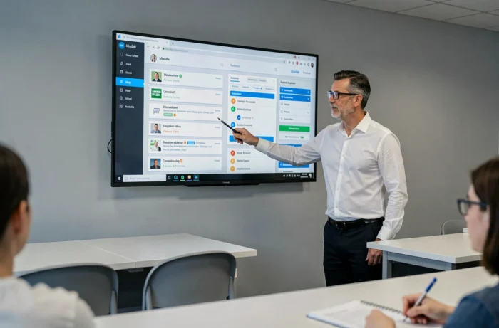 Professeur de l'INSA Rouen présentant l'interface Moodle à ses étudiants dans une salle de classe connectée