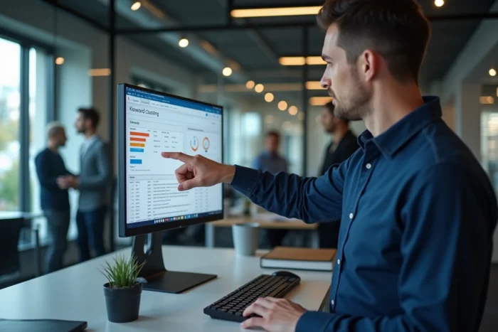 Professionnel du marketing digital analysant des expressions clés longue traîne sur un grand écran dans un bureau en open space moderne
