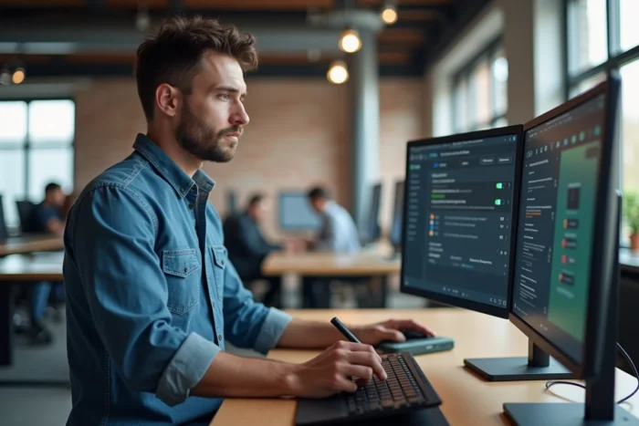 Professionnel debout à un bureau ergonomique utilisant une tablette graphique et des logiciels d'optimisation informatique en open space