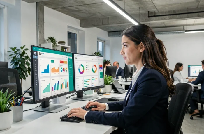 Professionnelle du marketing digital analysant des tableaux de bord et métriques de campagnes sur deux écrans dans un bureau moderne en 2024