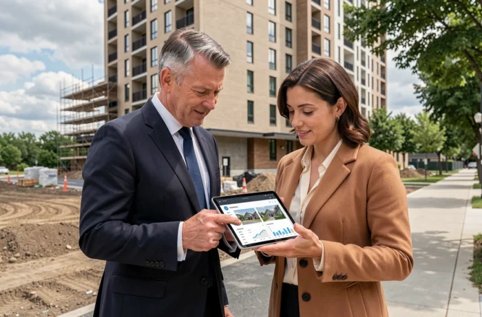 Deux professionnels de l'immobilier consultant une plateforme digitale devant un immeuble résidentiel neuf en milieu urbain