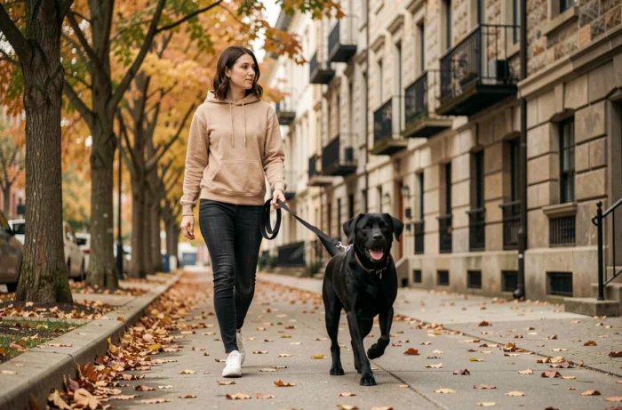 Jeune femme promenant son labrador noir en laisse sur un trottoir en automne