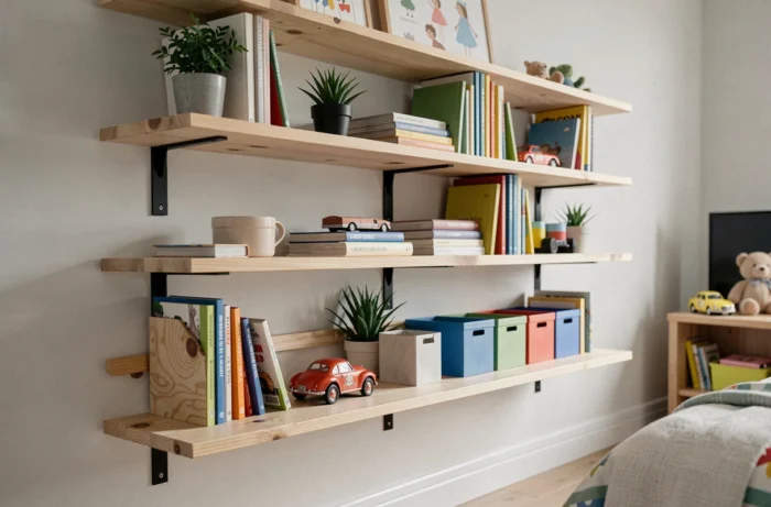 Étagères murales ouvertes en pin naturel installées à hauteur d'enfant dans une chambre de garçon, avec livres, plantes et rangements colorés