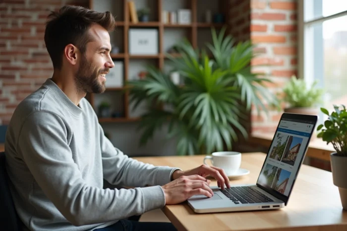Homme consultant des services immobiliers en ligne depuis son bureau à domicile