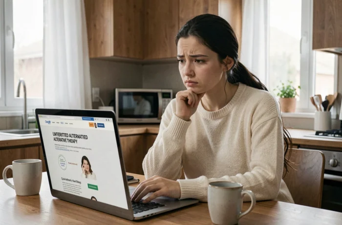 Jeune femme examinant d'un œil critique un site internet faisant la promotion d'une thérapie alternative non vérifiée depuis sa cuisine