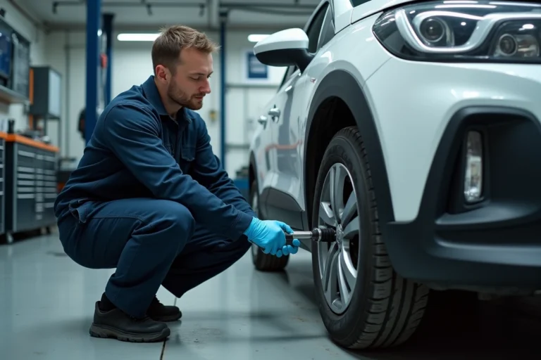 Technicien automobile réglant le parallélisme du train avant d'une Peugeot 208 dans un garage professionnel