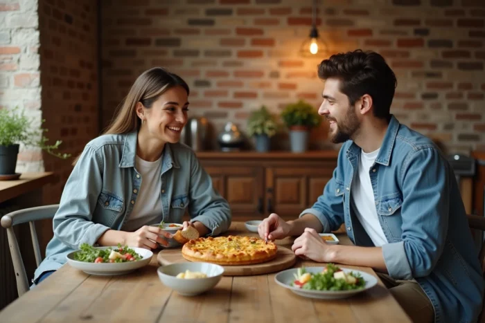 Couple partageant un repas maison convivial autour d'une table rustique avec tarte et accompagnements