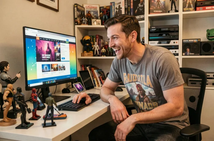 Passionné de geek culture découvrant le retour de 123Geekos sur le site Geekosphère depuis son bureau rempli de figurines et gadgets technologiques