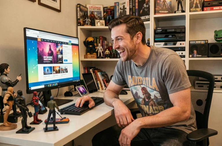 Passionné de geek culture découvrant le retour de 123Geekos sur le site Geekosphère depuis son bureau rempli de figurines et gadgets technologiques