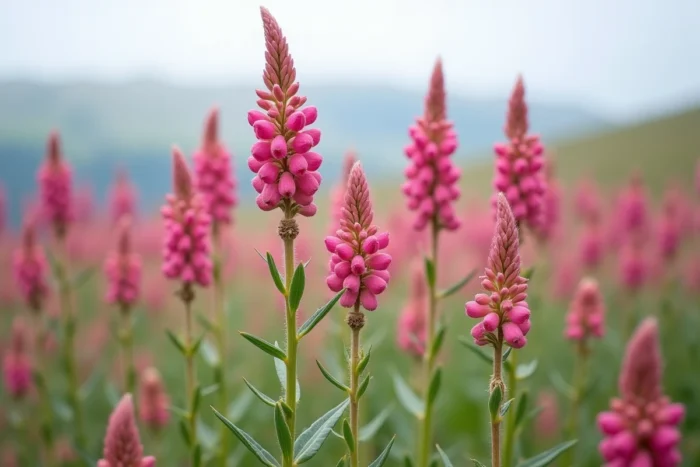 Sainfoin (Onobrychis viciifolia) en fleurs roses vives dans une prairie calcaire sèche avec un fond de collines verdoyantes