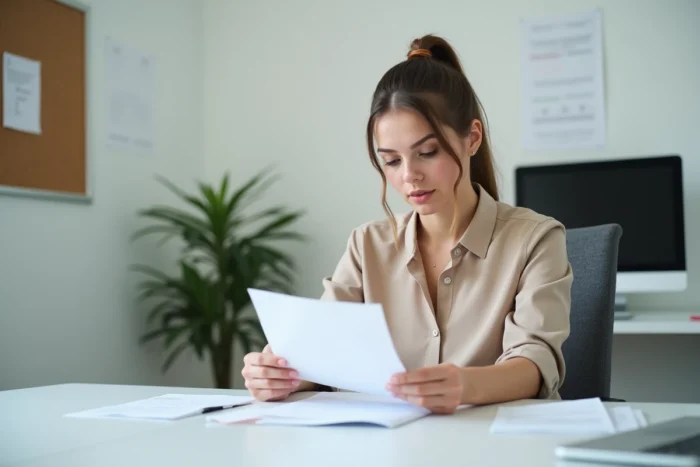 Femme en situation de handicap consultant une fiche de salaire dans les bureaux administratifs d'un ESAT