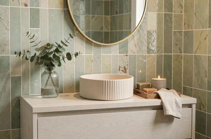 Salle de bain tendance avec vasque en céramique cannelée, carrelage zellige vert sauge, miroir laiton et accessoires naturels pour une déco spa à domicile